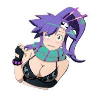 an anime girl with purple hair and a black hat